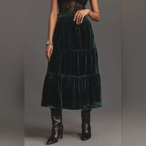 NWT Rachel Zoe Tiered Emerald Green Velvet Midi Skirt M
